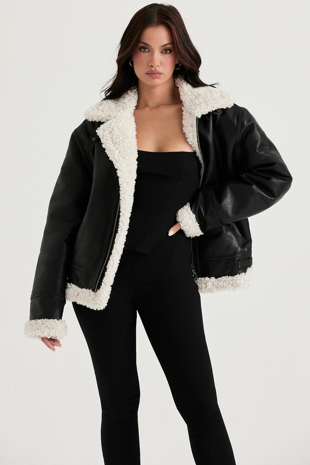 Madden Black Vegan Shearling Aviator Jacket Product Image