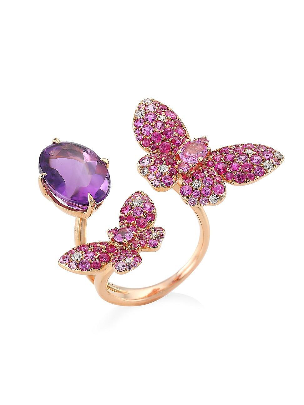 Womens Butterfly 18K Rose Gold & Multi-Gemstone Cuff Ring Product Image