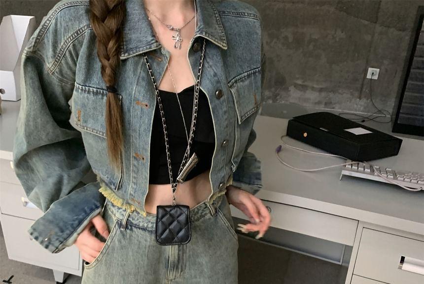 Collared Washed Denim Crop Jacket / Mid Rise Washed Wide Leg Cargo Jeans Product Image