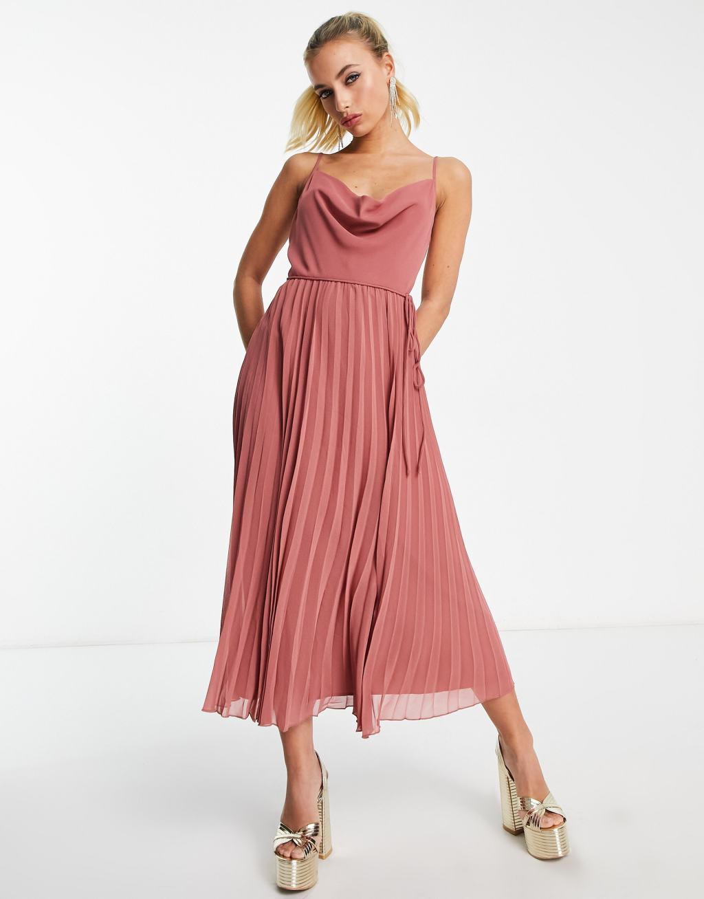 ASOS DESIGN cowl neck strappy pleated midi dress with tie waist in rose pink Product Image