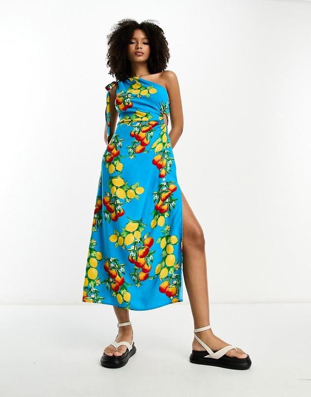 ASOS DESIGN one shoulder cut out midi dress in blue fruit print Product Image