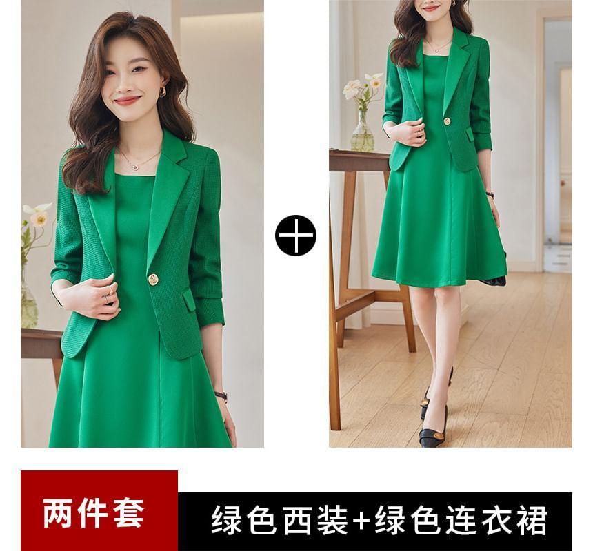 Plain Single-Button Blazer / Sleeveless A-Line Dress / Set Product Image