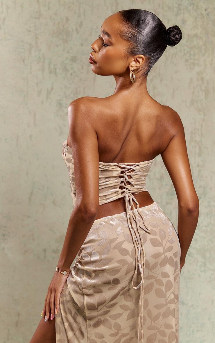 Taupe Floral Devore Ruched Front Bandeau Corset Product Image