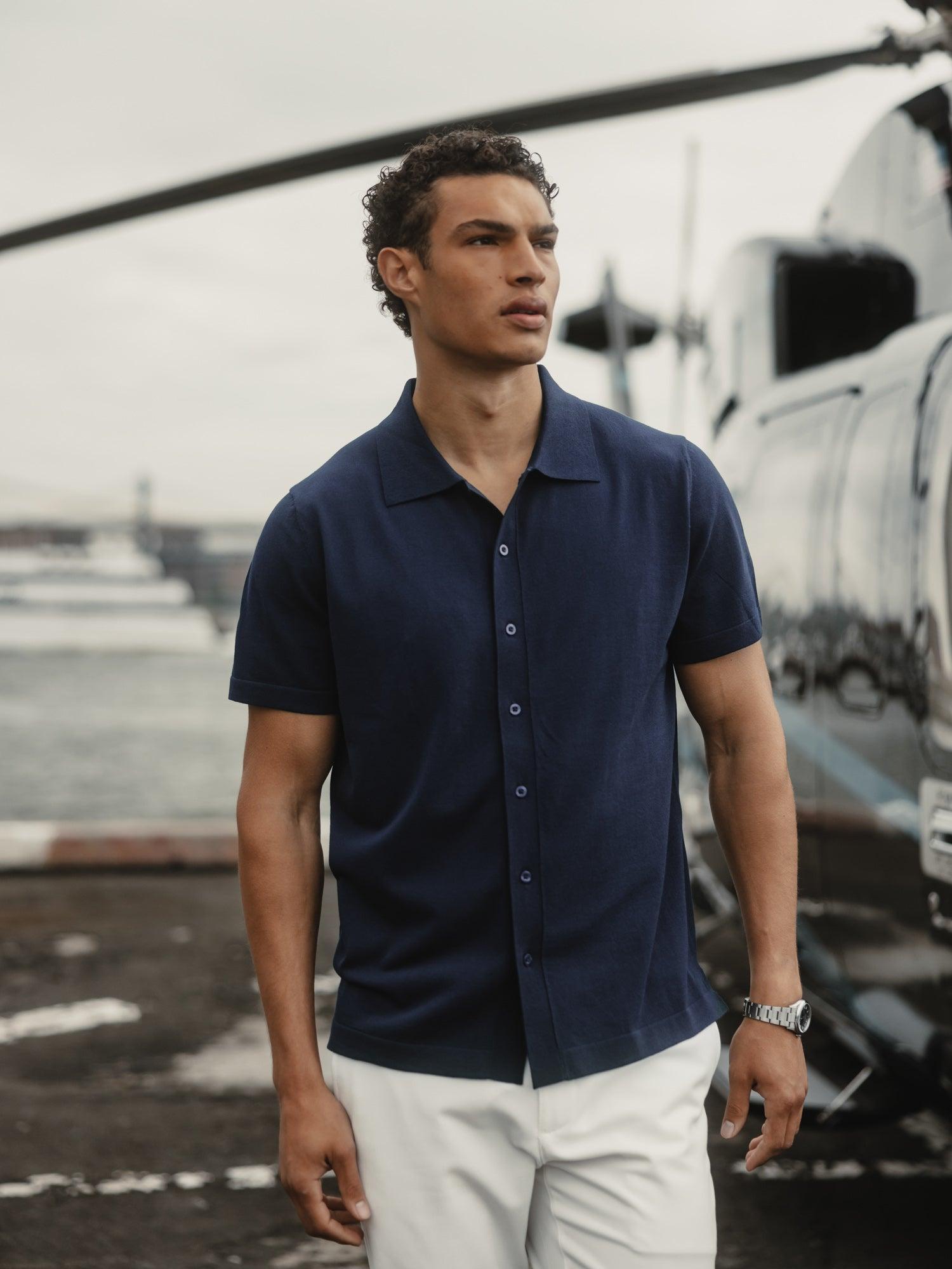 Riviera Knit Button Up | Pacific Blue Signature-Fit Product Image