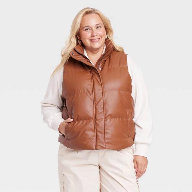 Womens Faux Leather Puffer Vest - A New Day Tan XXL Product Image