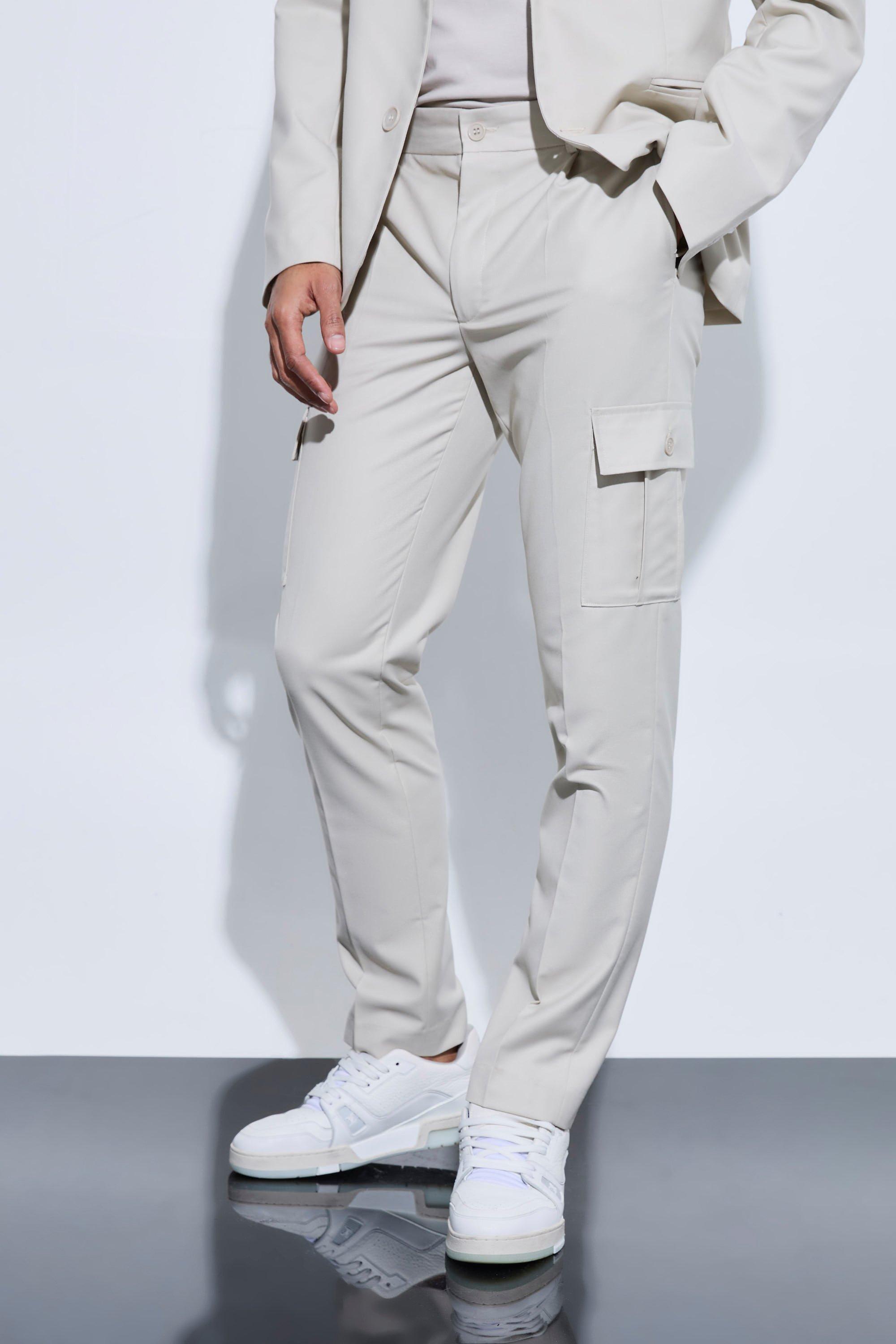 Mens Beige Skinny Fit Cargo Suit Trousers, Beige Product Image