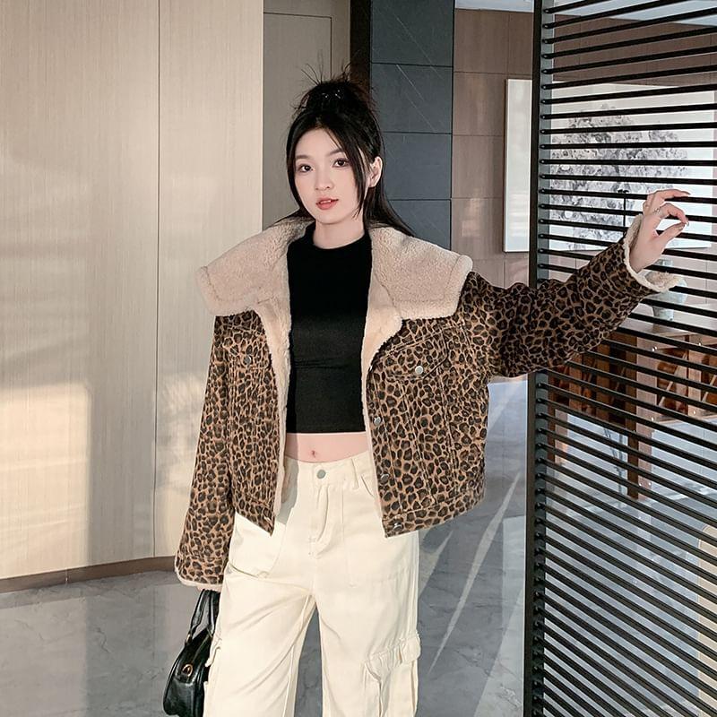 Collared Fleece Lined Leopard Button Jacket Product Image