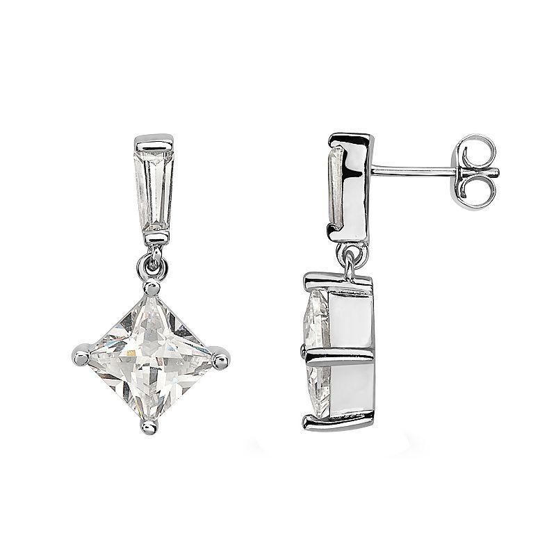 Sterling Silver Square Cubic Zirconia Drop Earrings, Womens, White Product Image