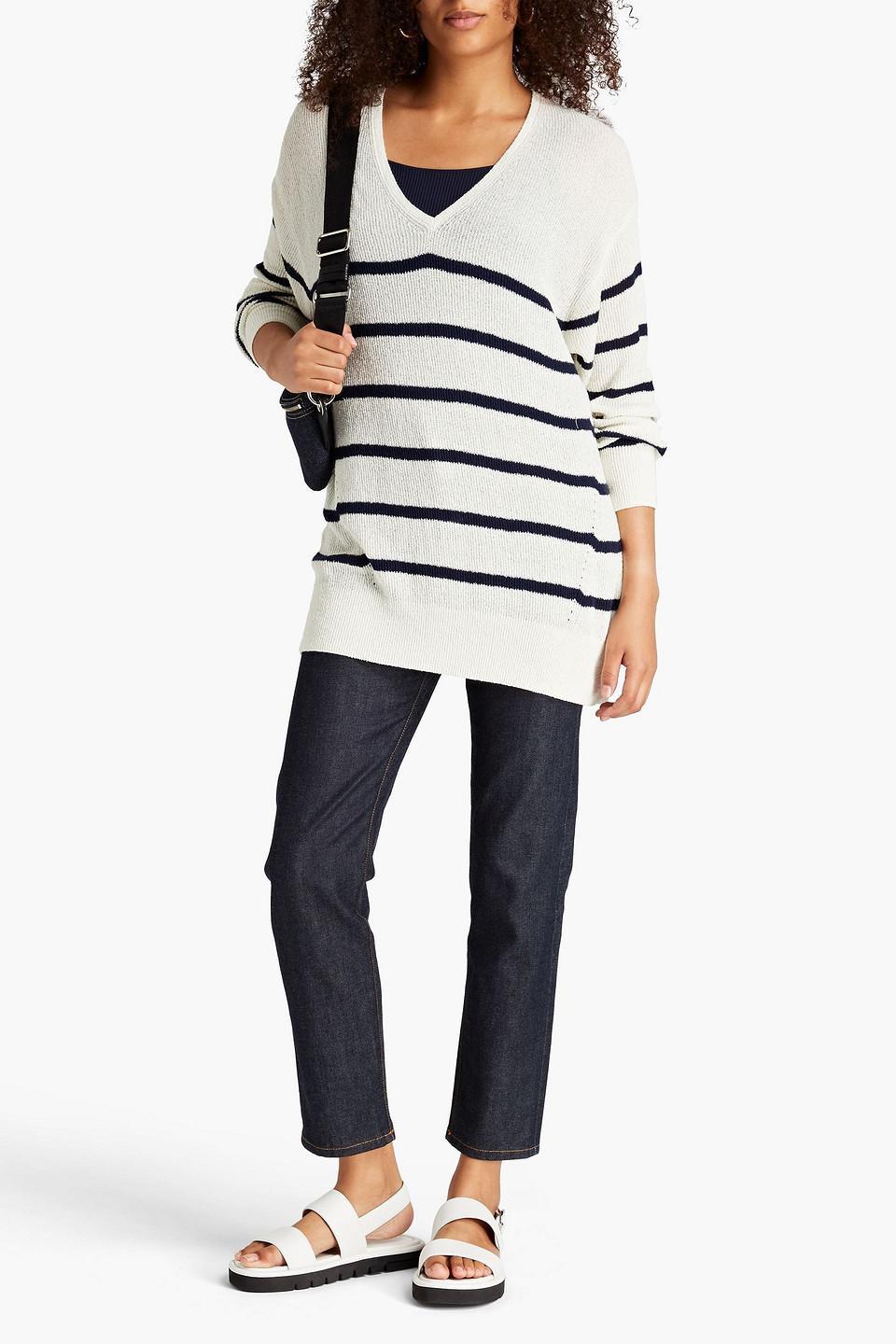 Soleil Striped V Neck Sweater In White Product Image