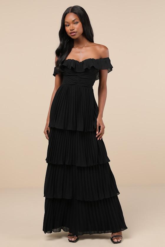 Always Remarkable Black Pleated Off-the-Shoulder Maxi Dress Product Image