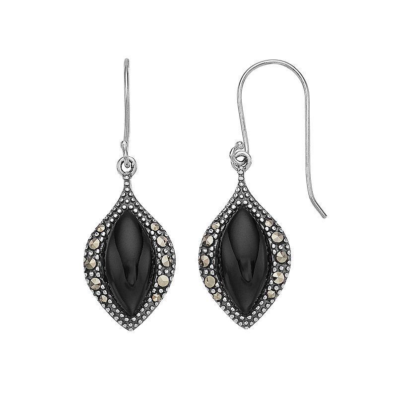 Tori Hill Sterling Silver Onyx & Marcasite Marquise Dangle Earrings, Womens Product Image