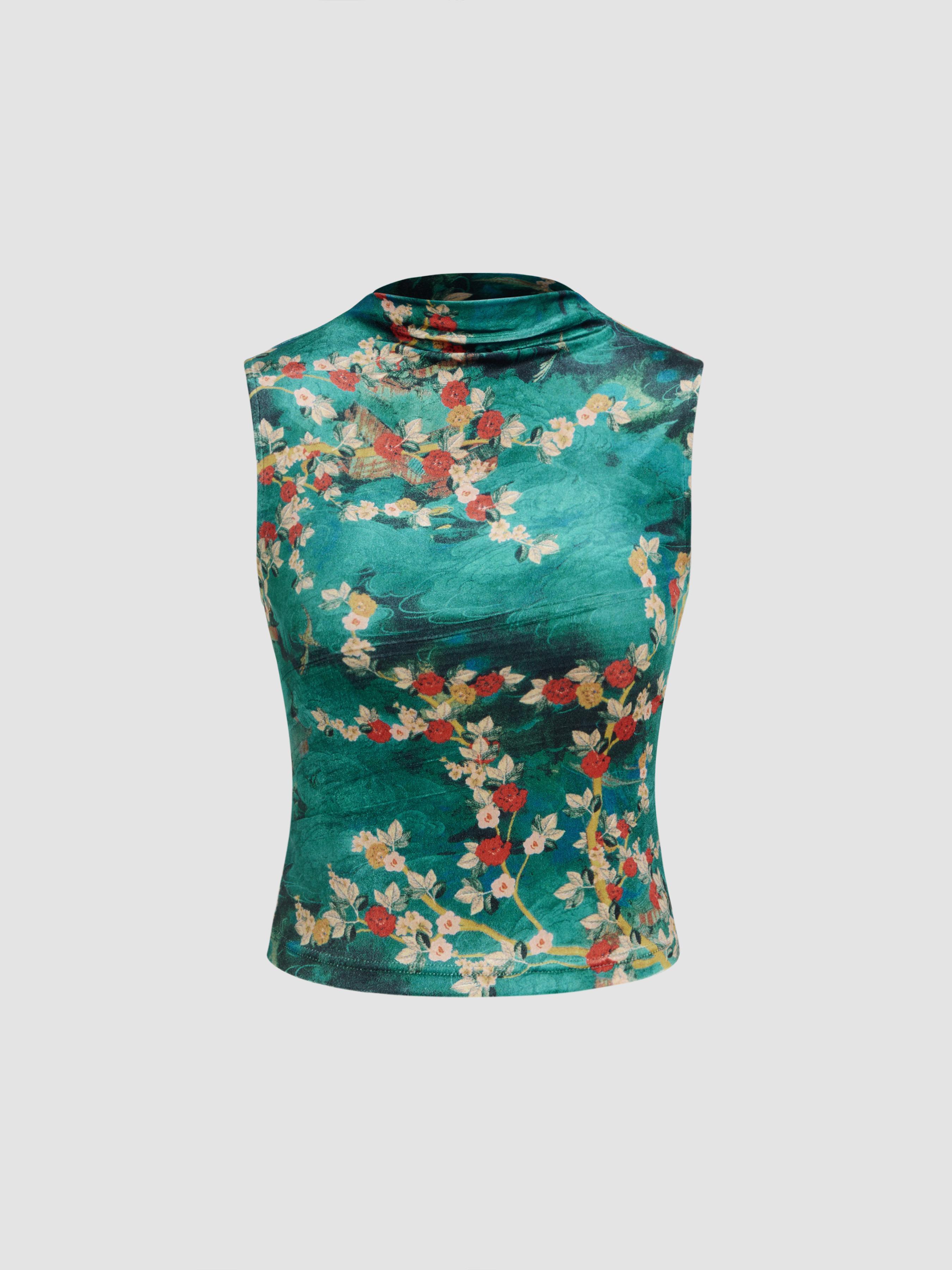 Velvet Stand Collar Floral Tank Top Product Image