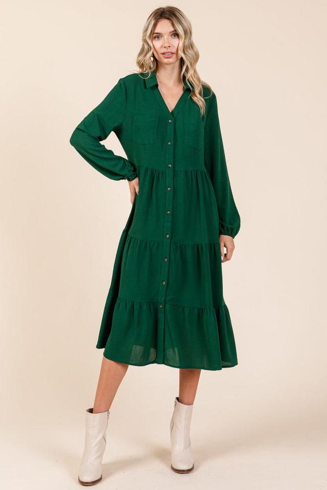 Tiered Long Sleeve Button Front Midi Shirtdress Product Image