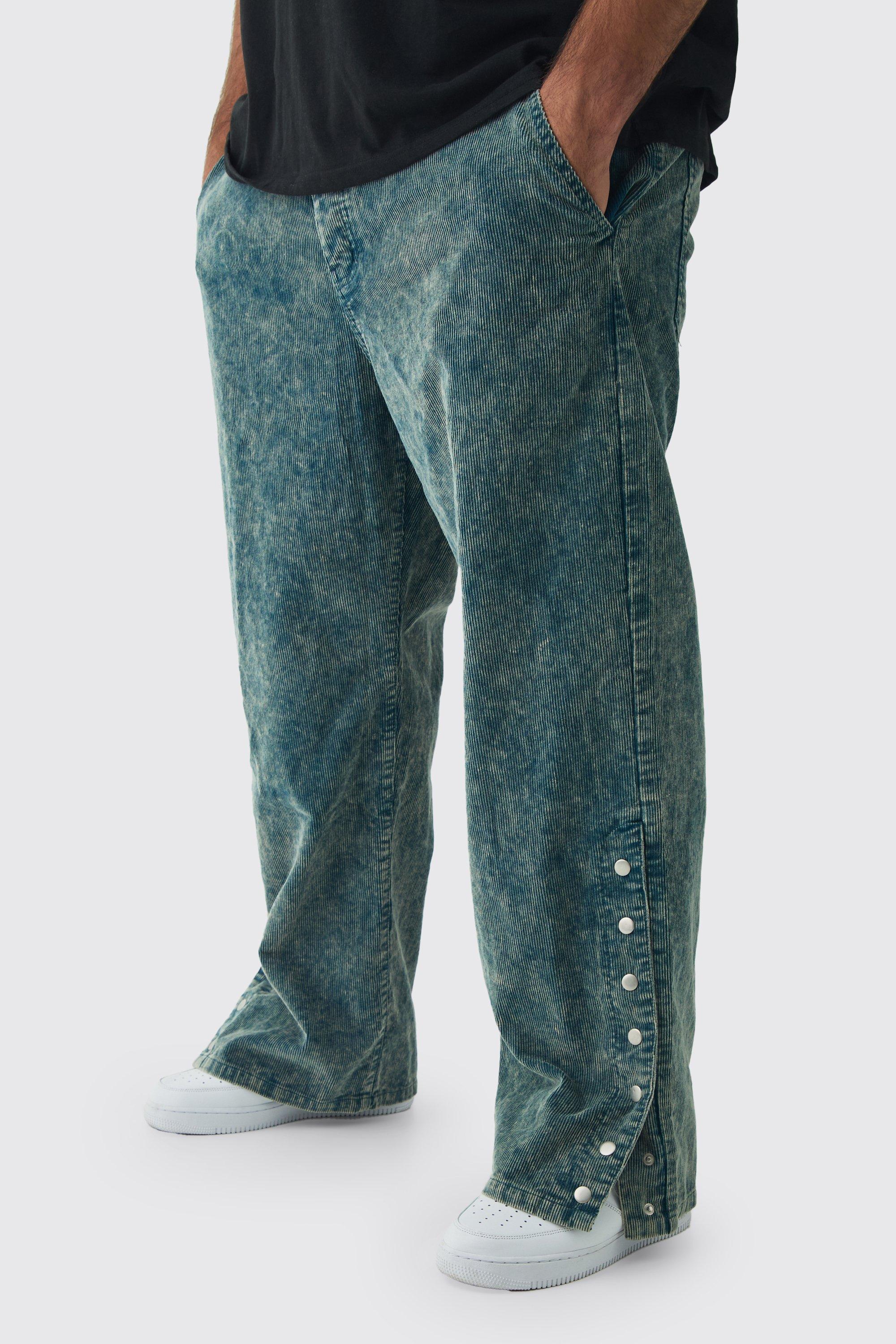 Plus Relaxed Acid Wash Cord Popper Hem Pants in Navy | boohooMAN USA Product Image