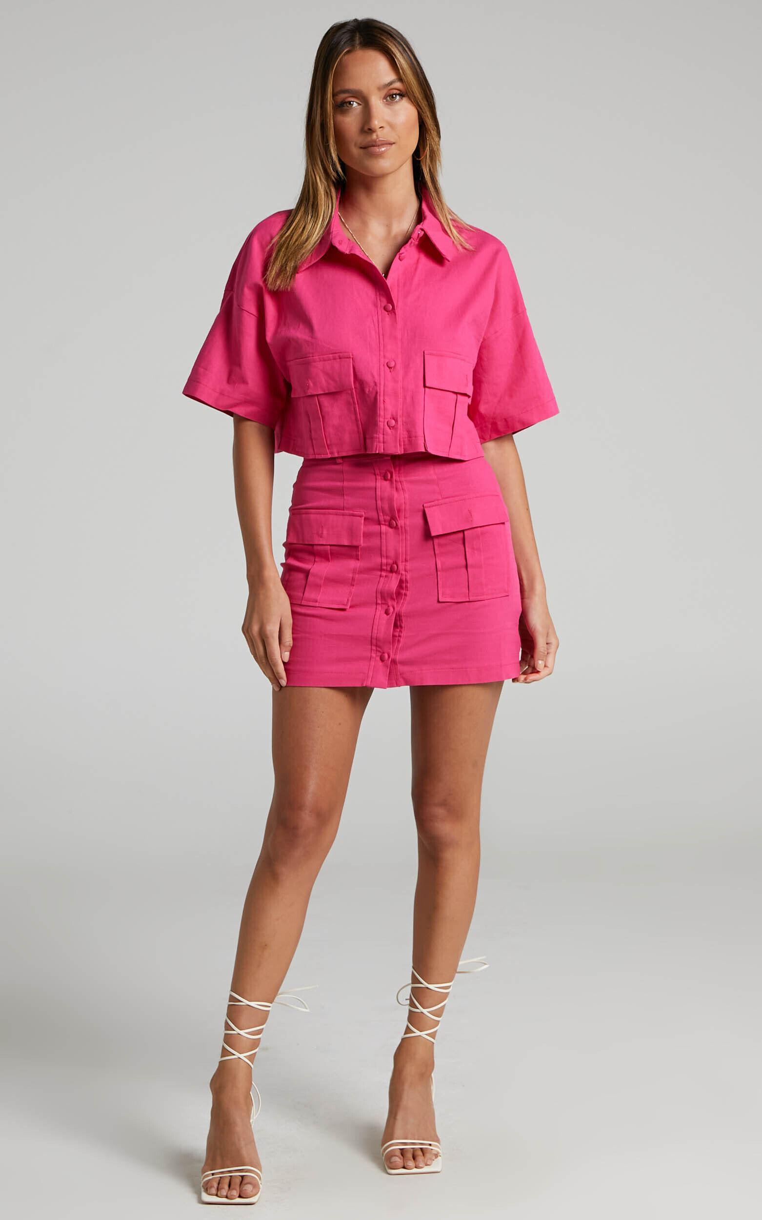 Navine Two Piece Set - Button Front Crop Top and Cargo Pocket Mini Skirt Set in Hot Pink Product Image