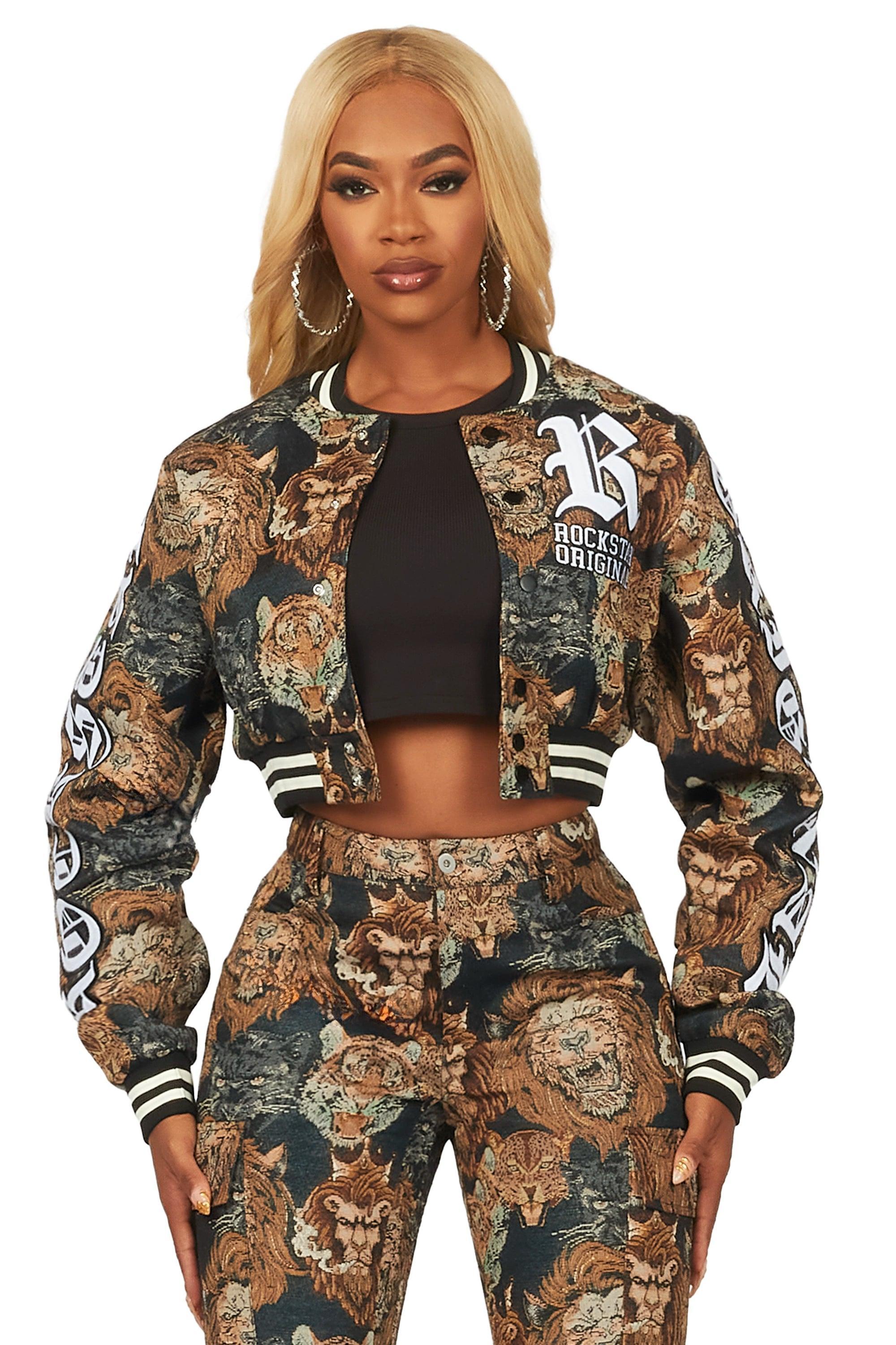 Khadiyah Black Crop Tapestry Varsity Jacket Female Product Image