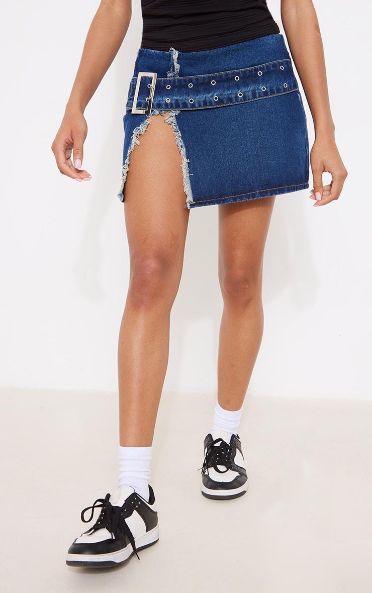 Indigo Vintage Wash Belt Detail Frayed Edge Mini Skirt Product Image