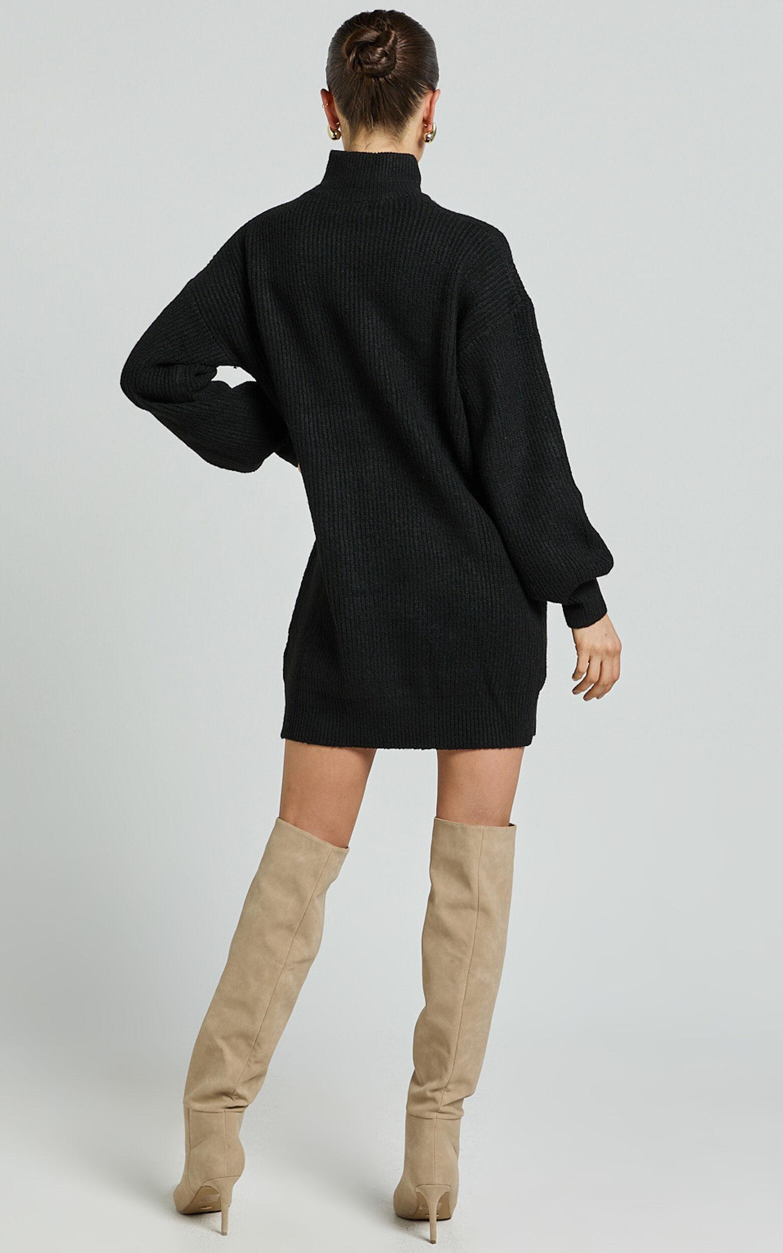 Tianna Mini Dress - Knitted Side Split Jumper Dress in Black Product Image