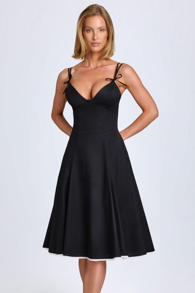 Bow-Detail Lace-Trim A-Line Midi Dress in Black Product Image