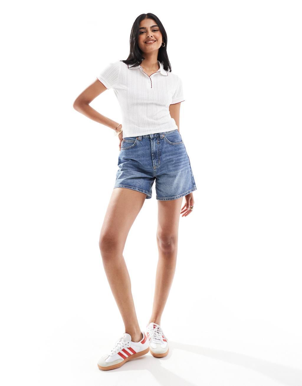 Miss Selfridge pointelle tipped polo top in ivory Product Image