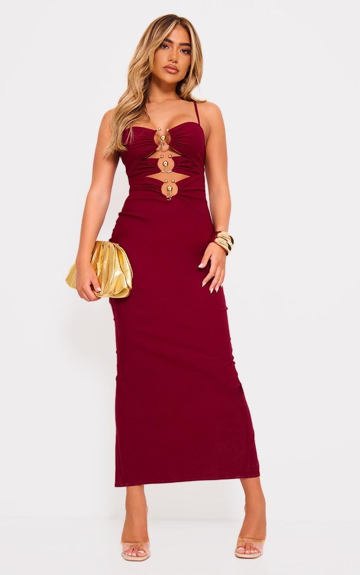 Burgundy Gold Trim Cut Out Maxi Dress Product Image