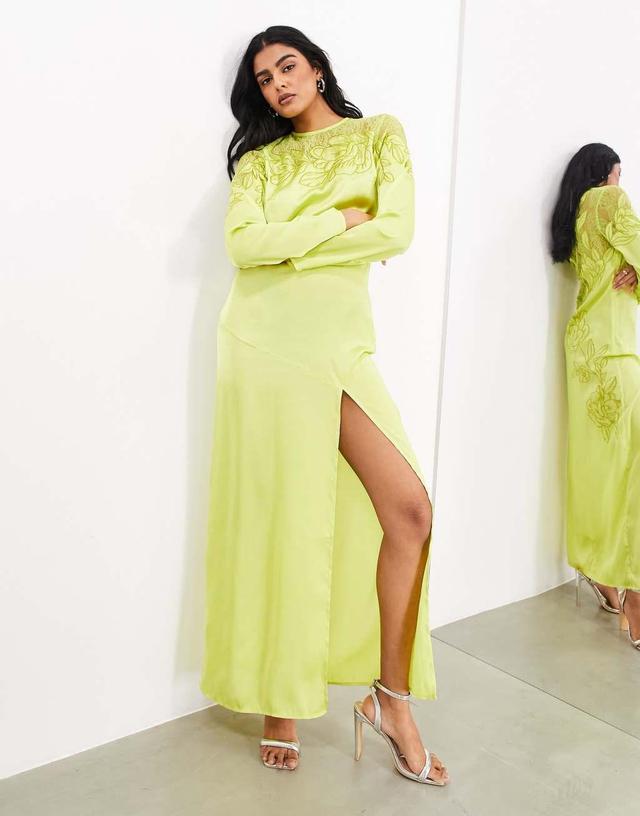 ASOS EDITION embroidered lace paneled long sleeve column maxi dress in lime Product Image