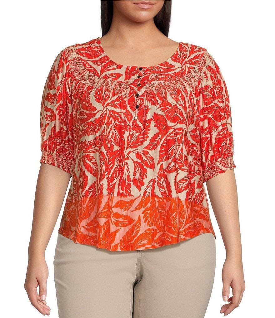 Democracy Plus Size Leaf Print Round Neck 3/4 Blouson Sleeve Smocked Knit Top Product Image