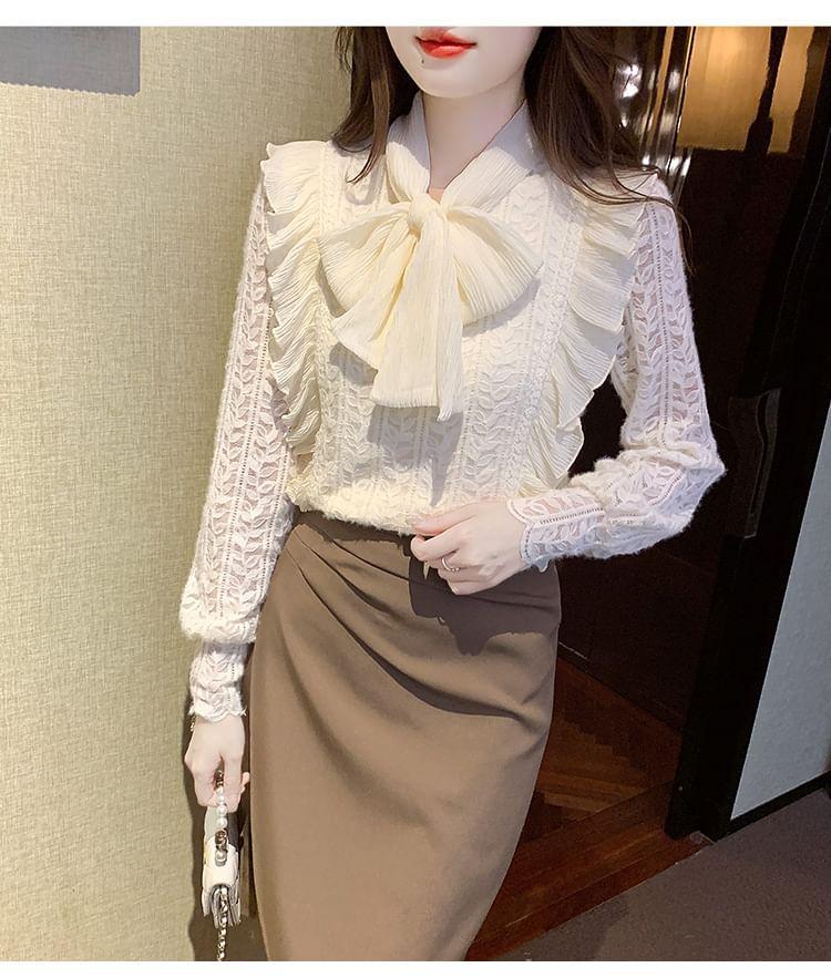 Long-Sleeve Tie-Neck Plain Lace Blouse Product Image