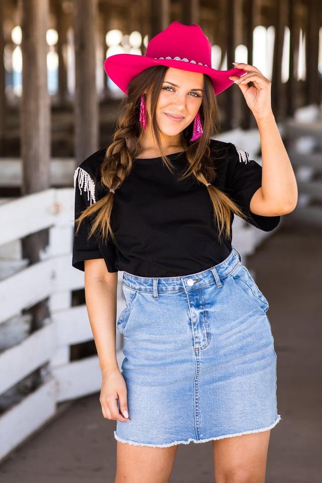 Black Short Sleeve Top With Beaded Fringe Product Image