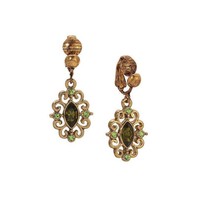 1928 Gold Tone Green Crystal Drop Clip-On Earrings, Womens Product Image