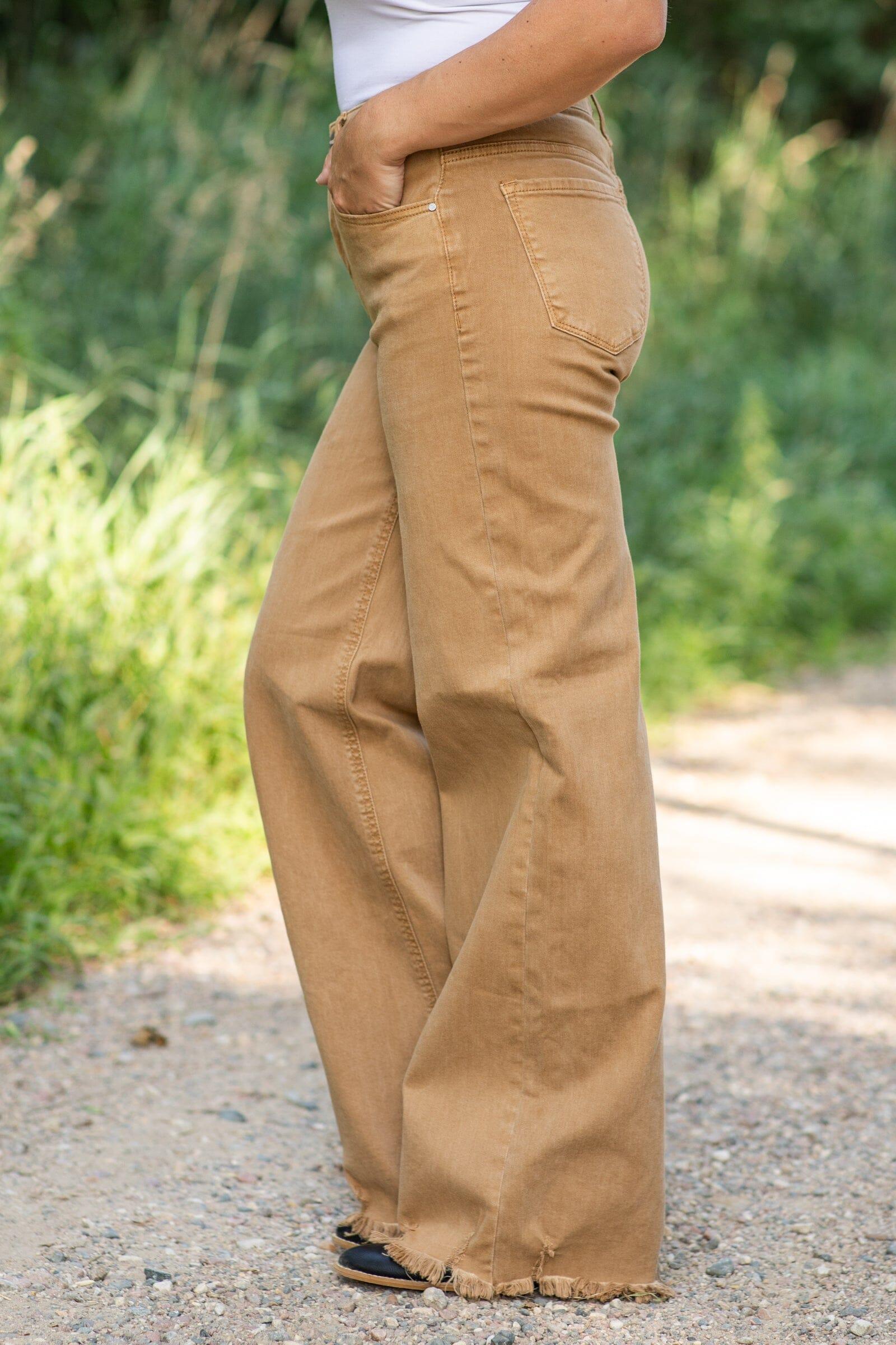 Risen Cinnamon Wide Leg Distressed Hem Jeans Product Image