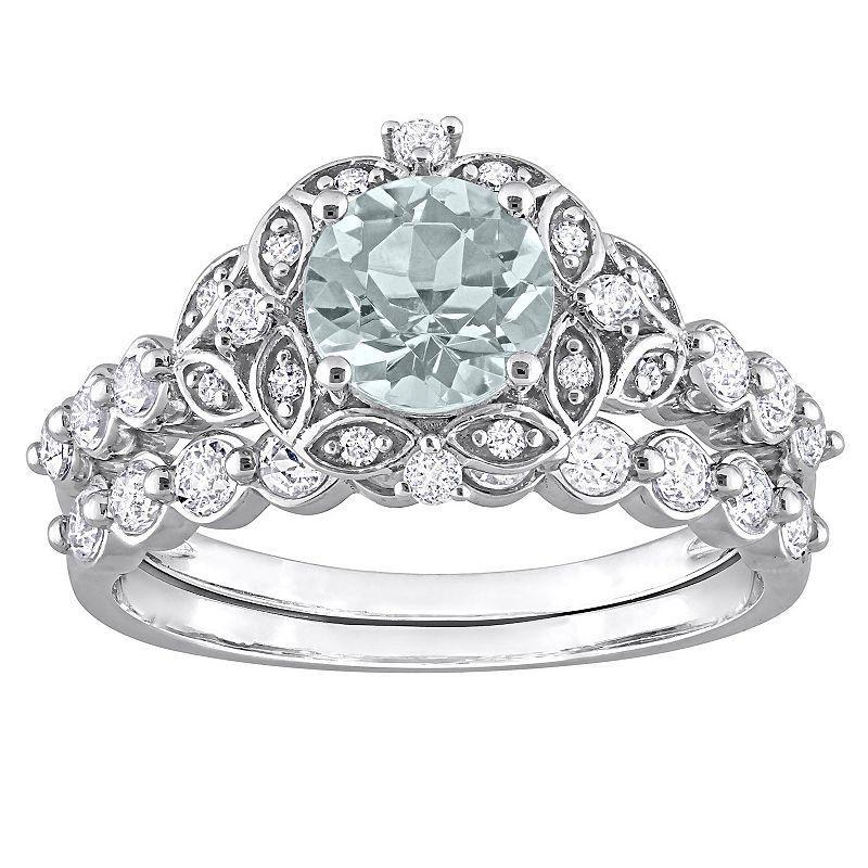 Stella Grace 10k White Gold Aquamarine, White Topaz & Diamond Accent Vintage Engagement Ring Set, Womens Product Image