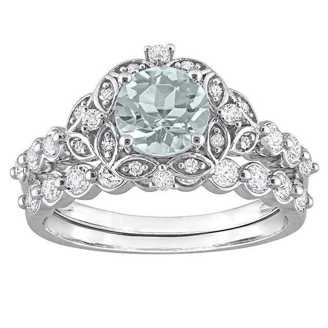 Stella Grace 10k White Gold Aquamarine, White Topaz & Diamond Accent Vintage Engagement Ring Set, Womens Blue Product Image