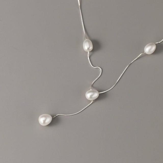 925 Sterling Silver Faux Pearl Lariat Necklace Product Image