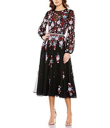 Womens Sequined Floral Billowy-Sleeve Midi Dress Product Image