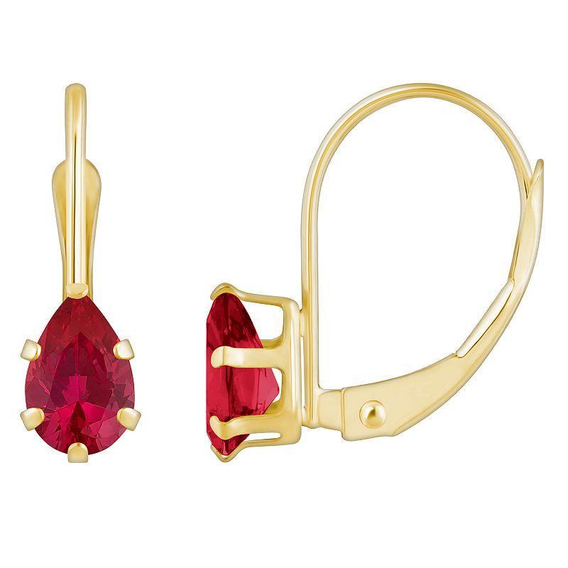 Celebration Gems 10k Gold Pear Shape Lab-Created Ruby Leverback Earrings, Womens Product Image