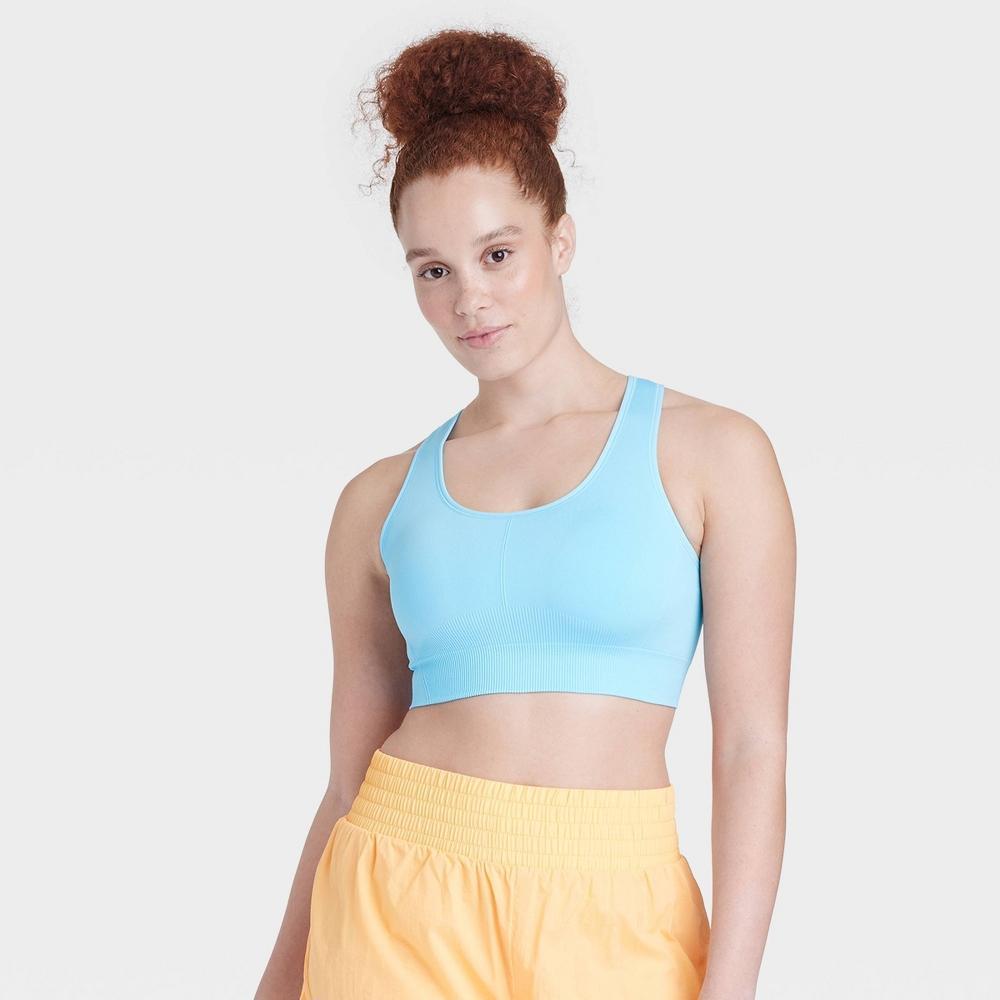 Womens Seamless Medium Support Racerback Midline Sports Bra - All In Motion Light Blue XS product image