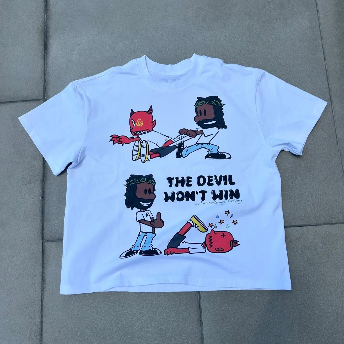 Vintage The Devil Won T Win Graphics Printed Cotton T-Shirt Product Image