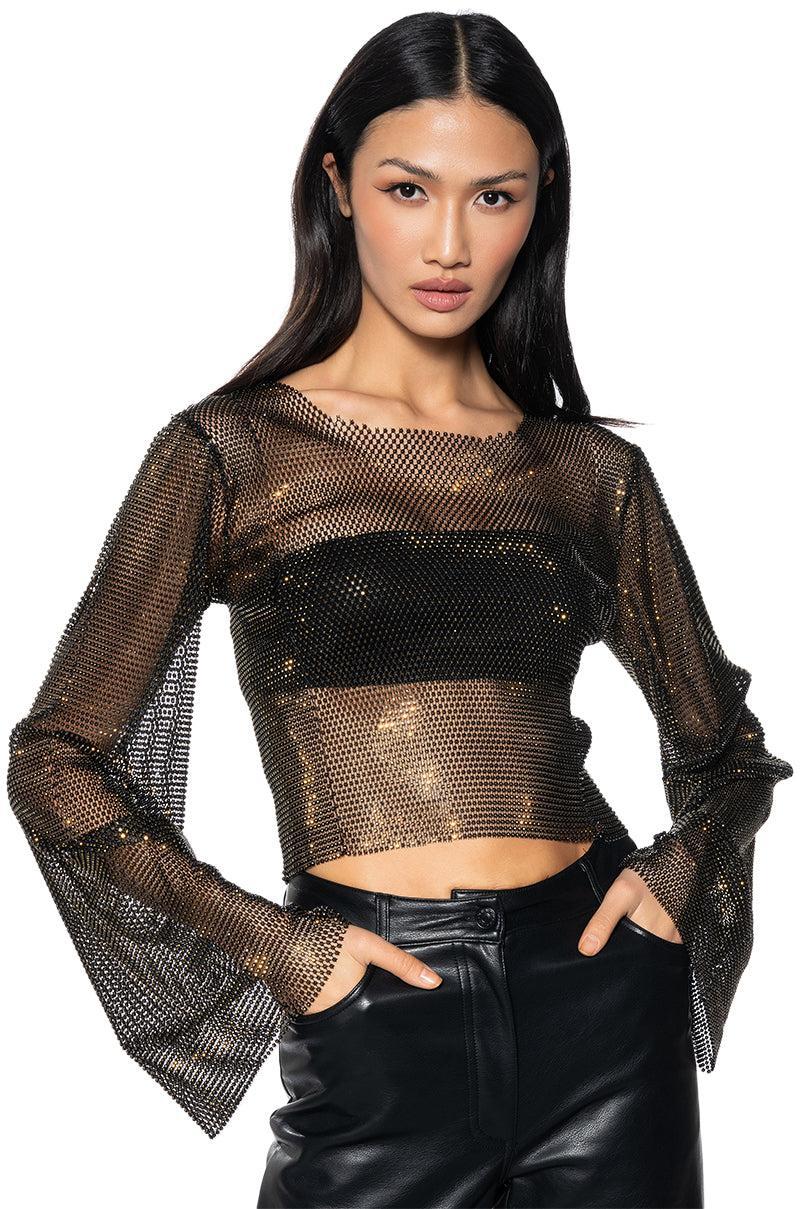 BLURRED LOVE LONG SLEEVE RHINESTONE TOP IN BLACK Product Image