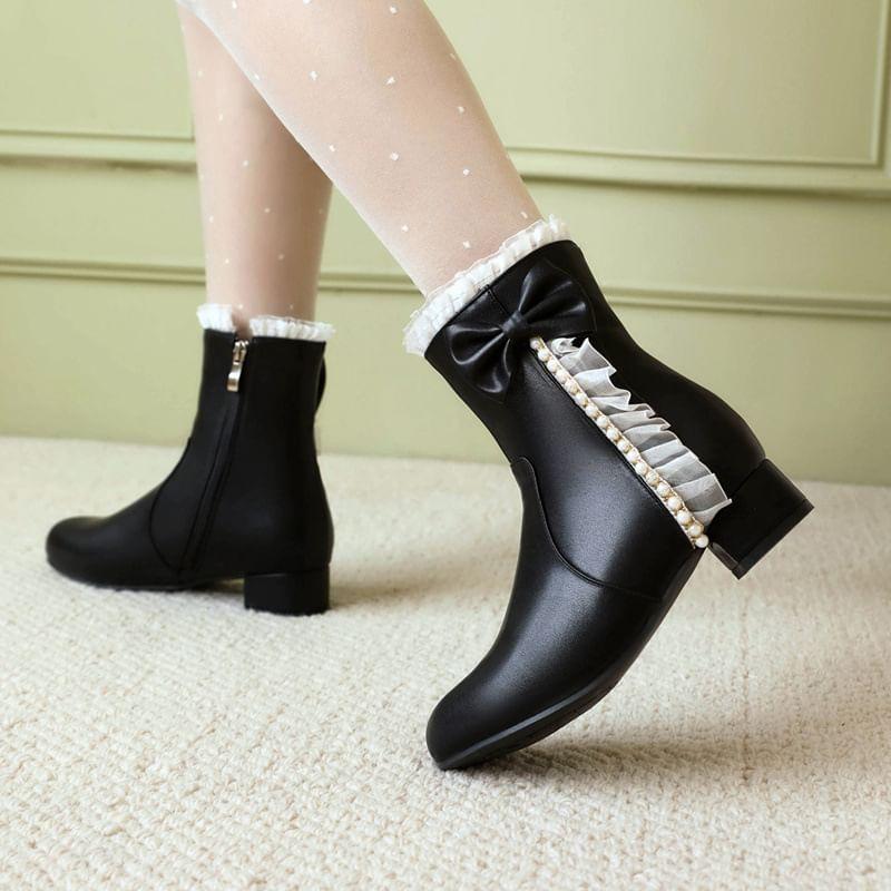 Chunky Heel Ruffled Faux Pearl Bow Short Boots Product Image