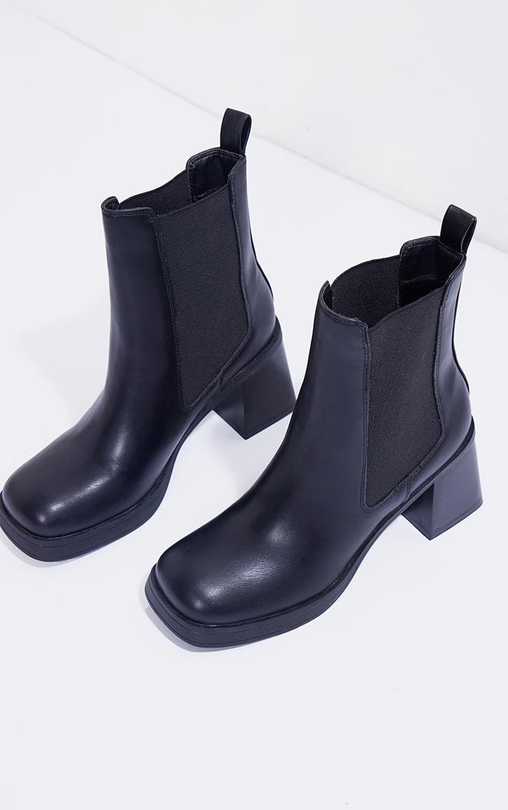 Black Faux Leather Square Toe Chunky Heeled Ankle Boots Product Image