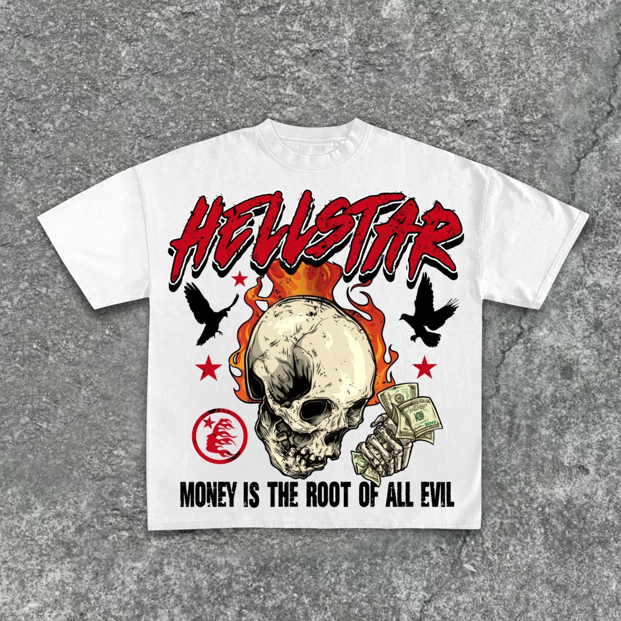 Hellstar-Retro Money Sin Skull Pattern Print Cotton T-Shirt Product Image