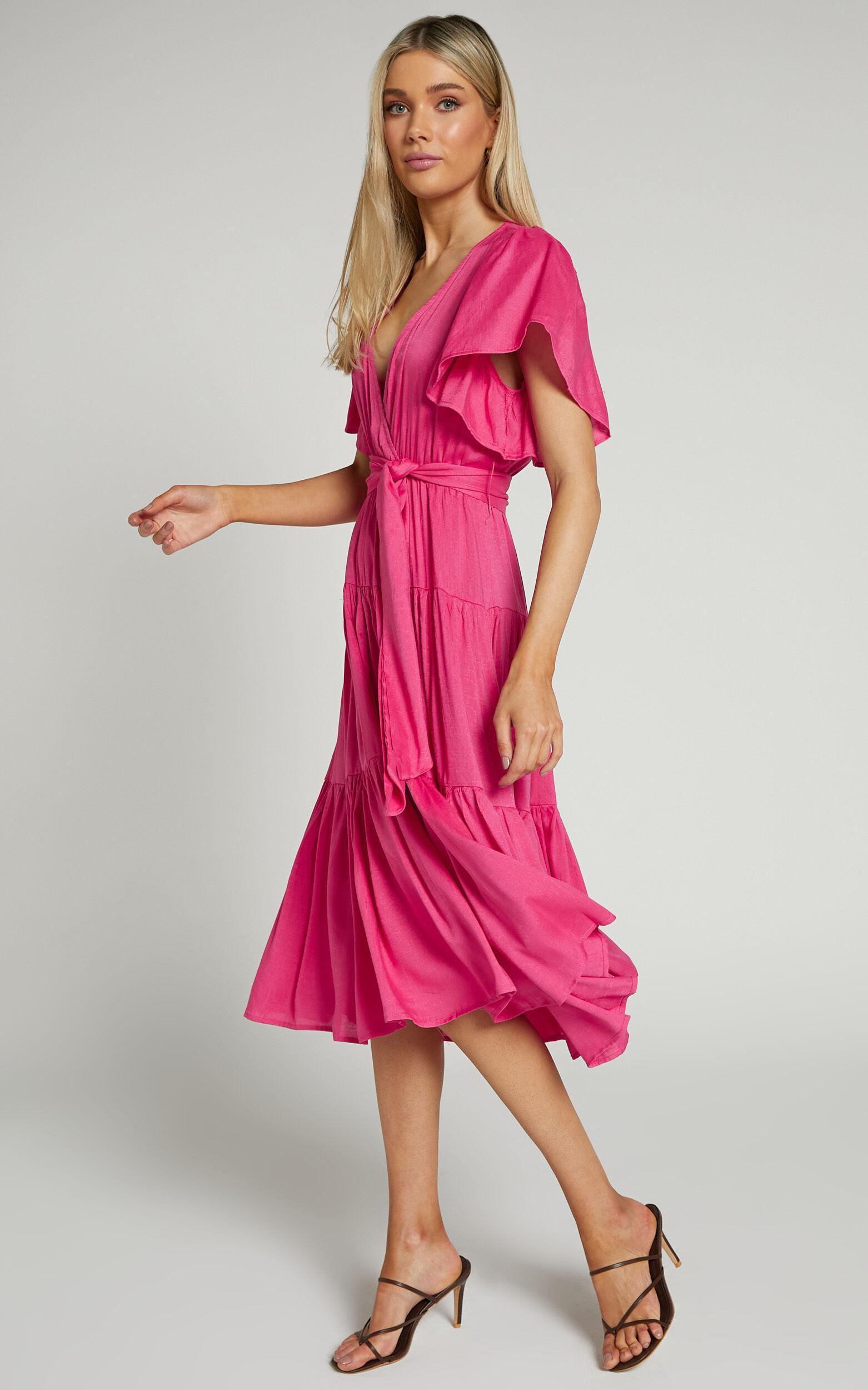 Marielle Midi Dress - Wrap Bodice Tiered Belted Dress in Pink Product Image