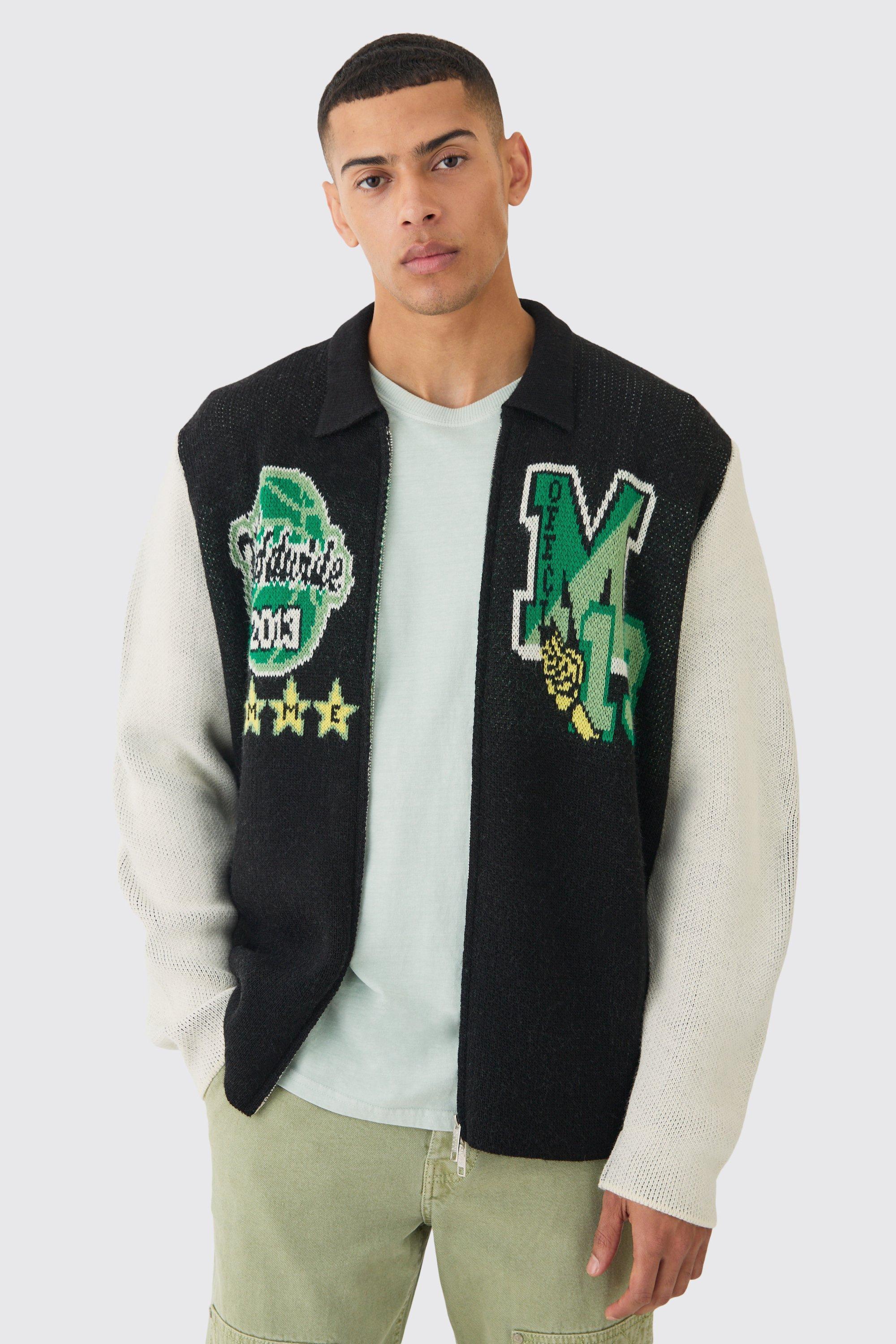 Mens Oversized Varsity Knitted Harrington In Black, Black Product Image