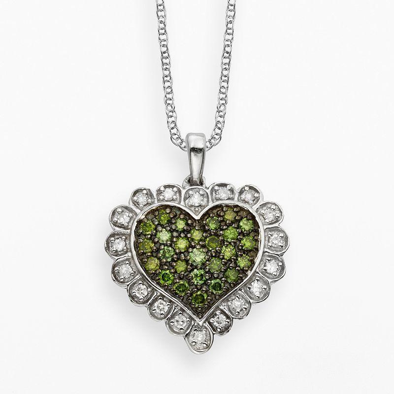 Jewelexcess Sterling Silver 1/2-ct. T.W. Green and White Diamond Scalloped Heart Pendant, Womens Product Image