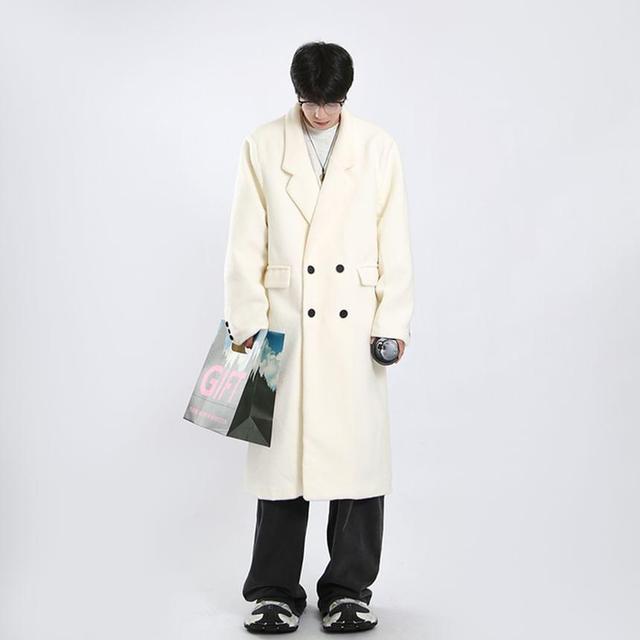 Notch Lapel Plain Double-Breasted Long Coat Product Image