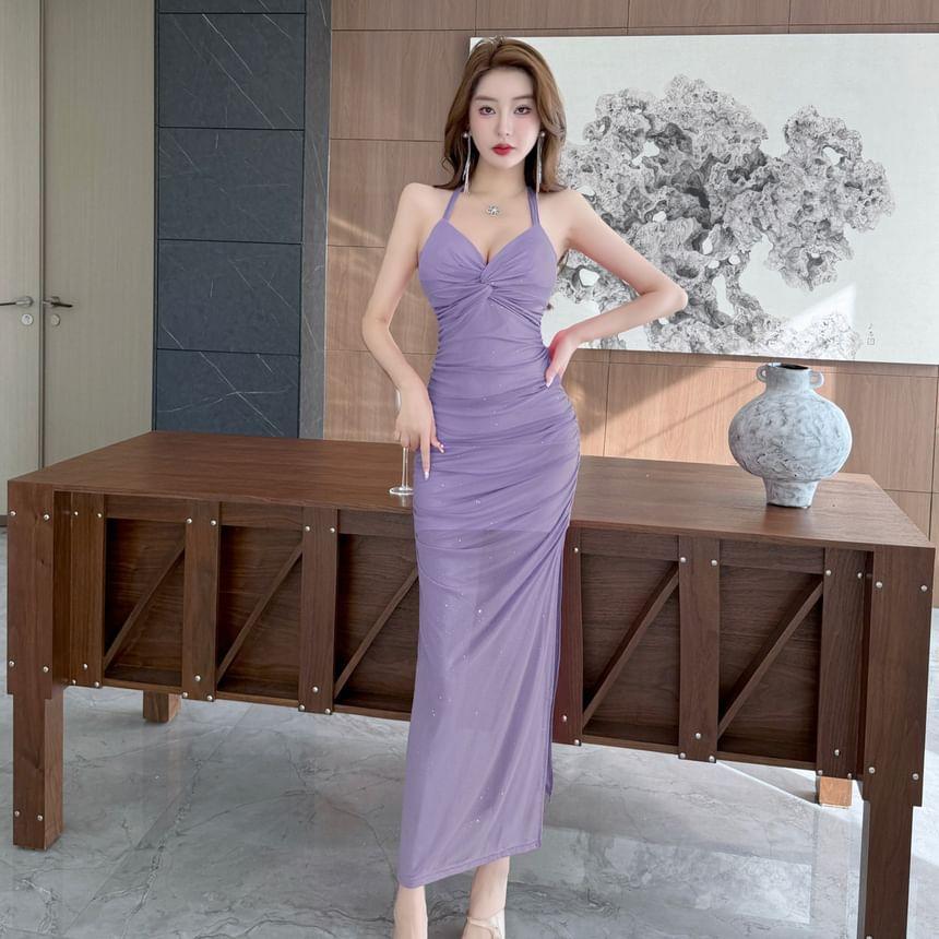 Halter V-Neck Plain Ruched Bodycon Maxi Dress Product Image