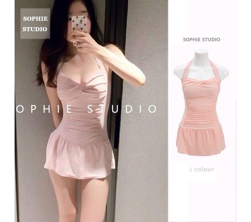 Sleeveless Cut Out Plain Swim Dress Product Image