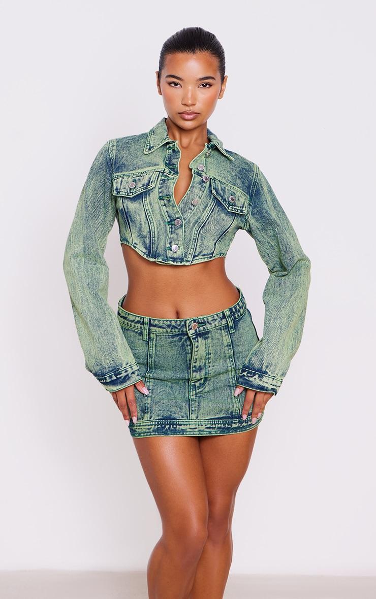 Vintage Wash Green Tint Dipped Hem Denim Jacket Product Image