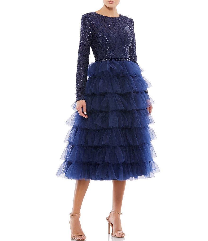 Mac Duggal Tiered Ruffle Crew Neck Long Sleeve Midi Dress Product Image